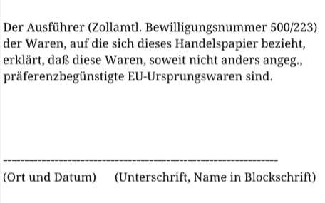 Stempel Zollpapiere EU-Ursprungswaren Zollamtliche Bewilligungsnummer Handelspapierprferenzbegnstigt