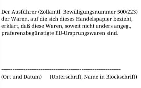 Stempel Zollpapiere EU-Ursprungswaren Zollamtliche Bewilligungsnummer Handelspapierpräferenzbegünstigt