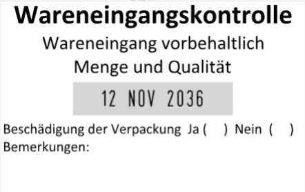 35x55mm · Datumstempel Wareneingangskontrolle Menge Qualität Beschädigung Bemerkung